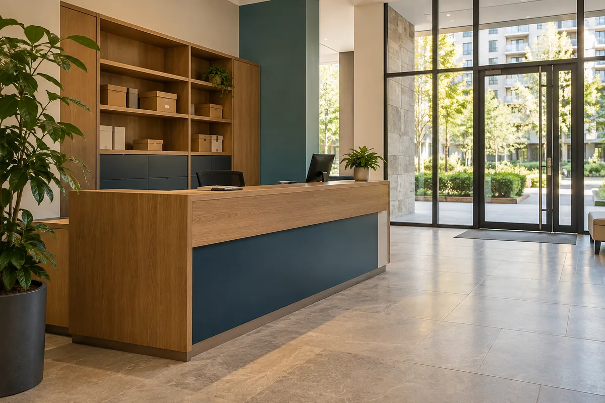 Recepción de conserjería con mueble de madera y vitrina de encomiendas
